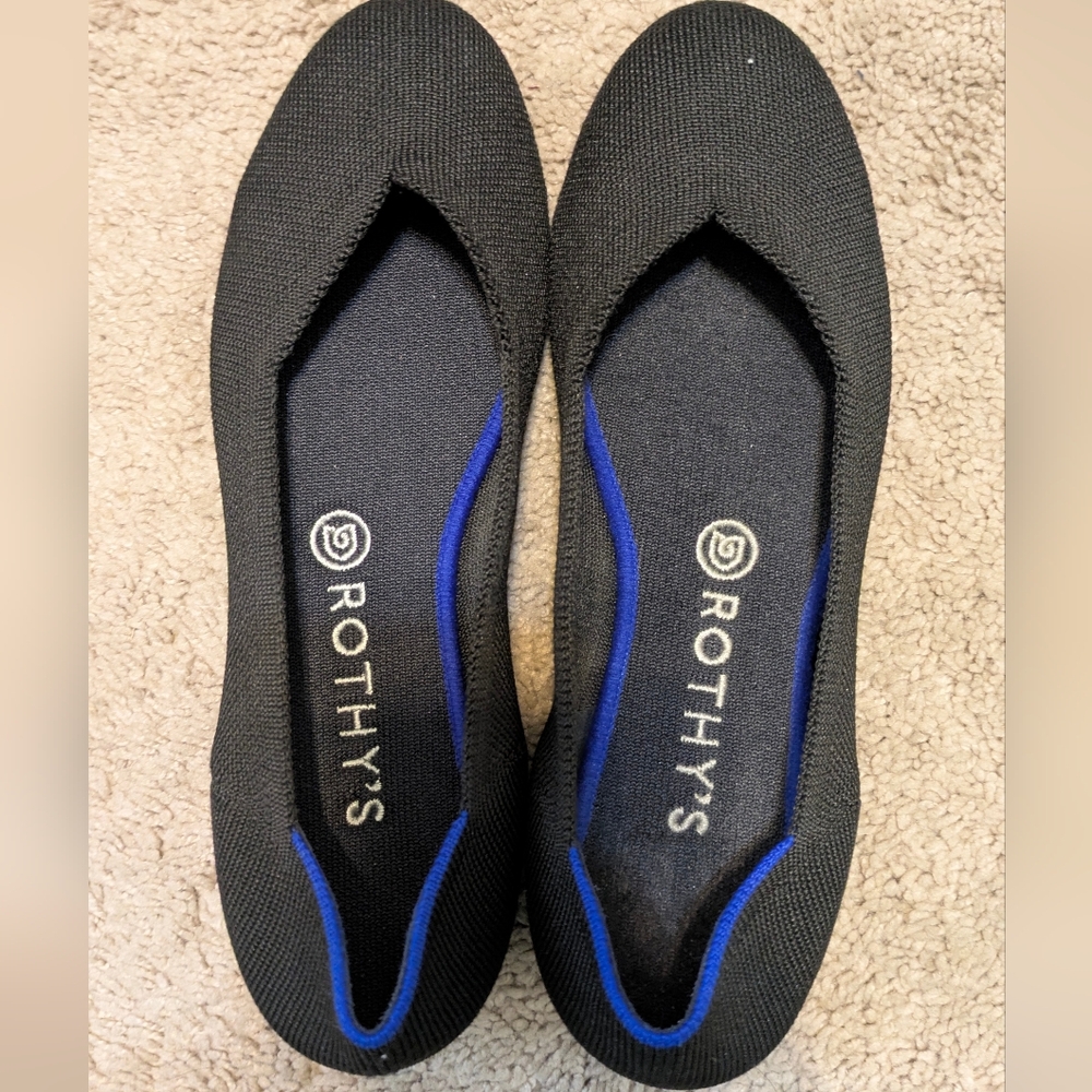 Rothy's The Flat Round Toe Ballet Women’s Shoes Black Blue Trim Size Us 9